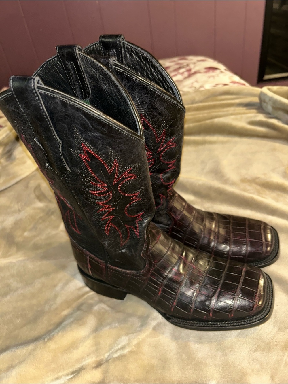 Black & Burgundy Men's Western Cowboy Boots with Red Stitching